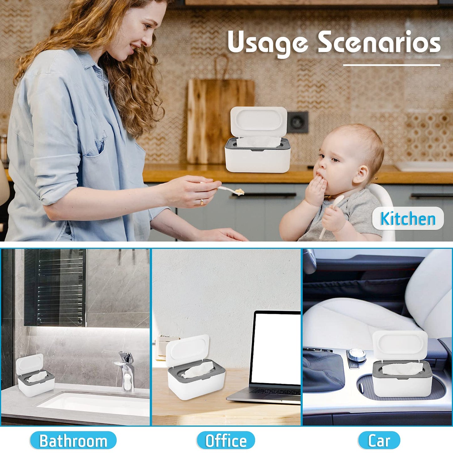 Flenpptly 2 Pack Baby Wipes Dispenser, Wipes Case Baby Wipe Holder Keeps Wipes Fresh, Non-Slip, Easy Open & Close (Grey And Blue
