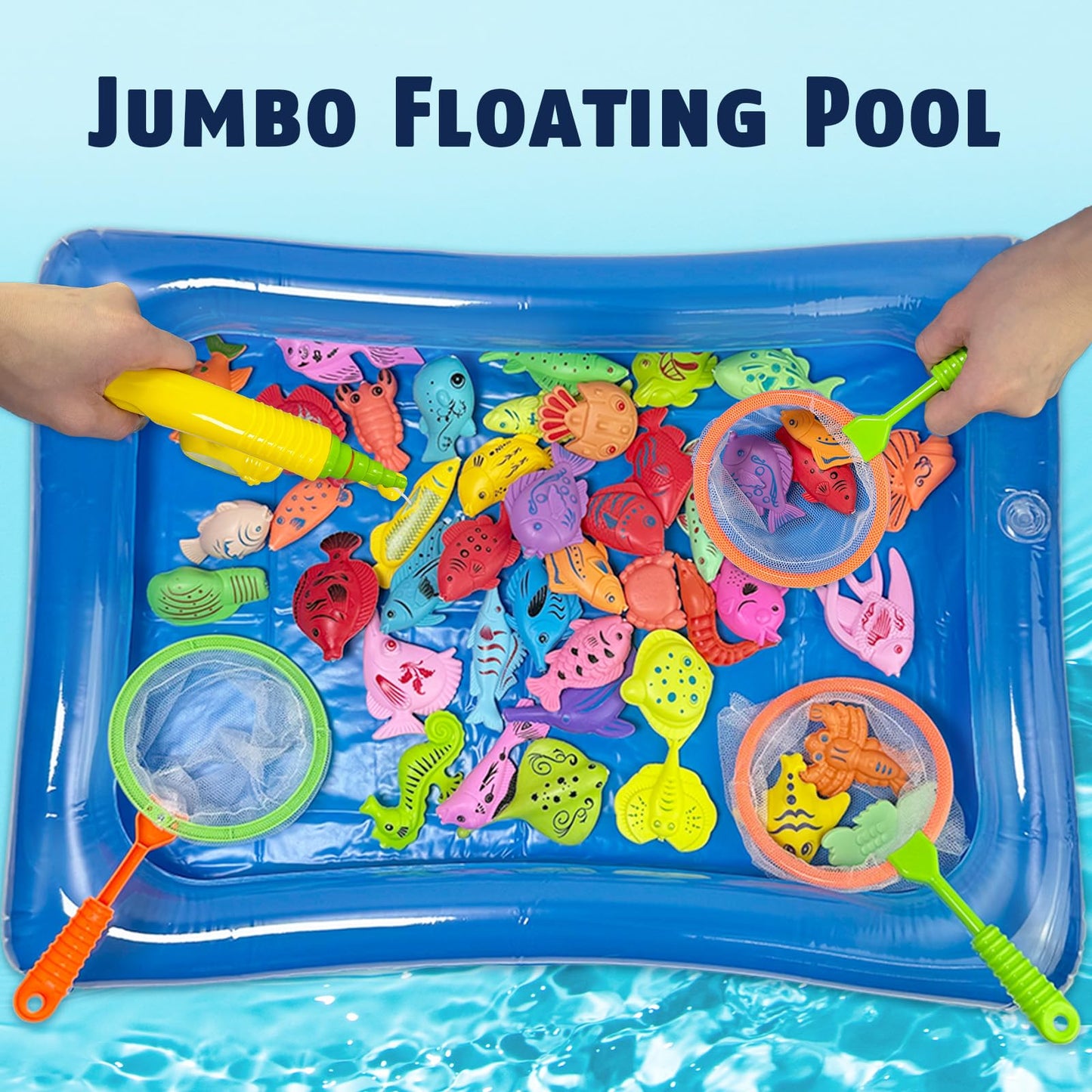 CozyBomB Kids Pool Fishing Toys Games | Summer Magnetic Floating Toy Magnet Pole Rod Fish Net Water Table Bathtub Bath Game, Lea