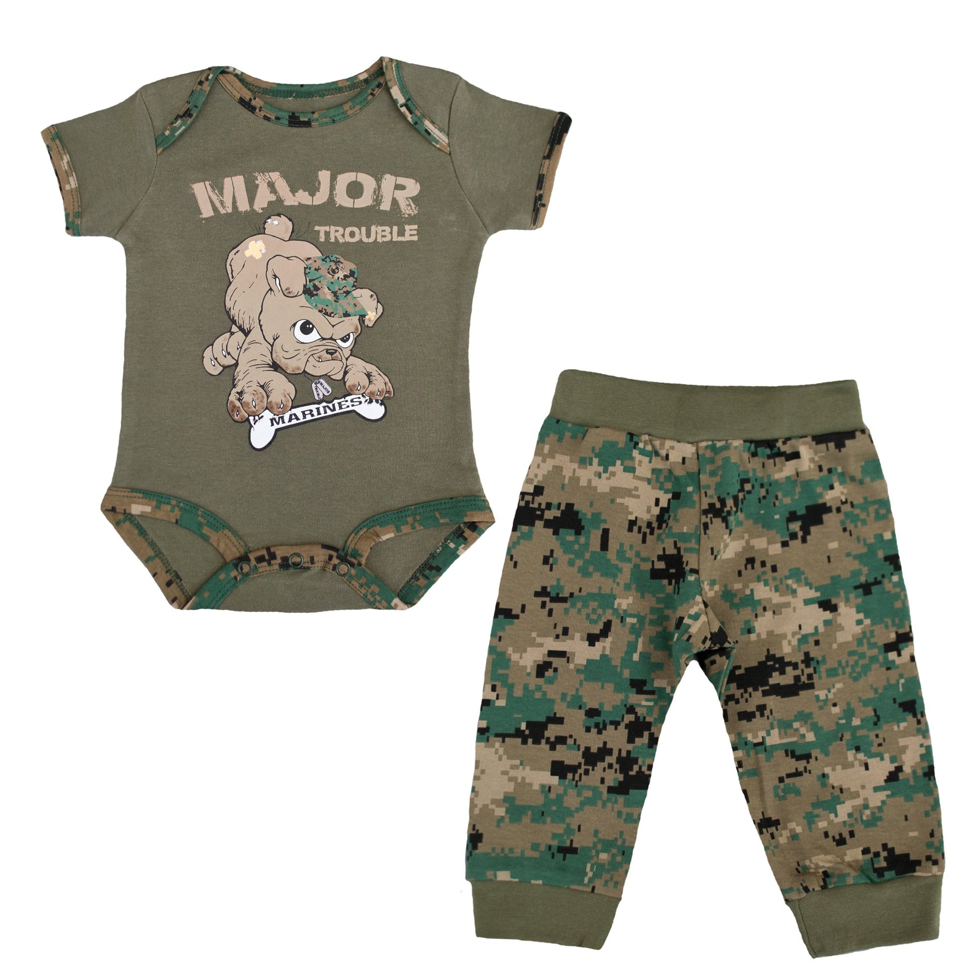 U.S.M.C. Devil Dog 2Pc Baby Boys 'Major Trouble' Bodysuit Pants Set Woodland Marpat Camo (3-6 Months)