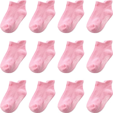 Aroveea Toddler Socks Non Slip Grip Baby Socks 5-7 Years Old 12 Pack For Toddler Boys Girls Kids Socks,Cute Pink Baby Socks