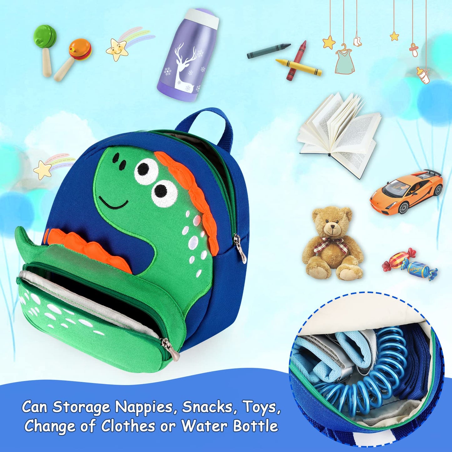 Accmor Toddler Harness Backpack Leash, Cute Dinosaur Backpacks With Anti Lost Wrist Link, Mini Child Leash Wristband Baby Protec