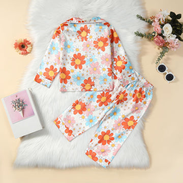 Kids Baby Girl Boy Satin Pajamas Set Button Down Sleep Shirt Top+Long Pants Bottoms Sleepwear Loungewear Clothes (B Flower, 4-5