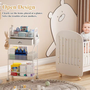 Baby Diaper Caddy Cart Organizer -3 Tier, Bedside Nursery Essentials Cart & Storage Holder For Newborn Baby Stuff, 2+1 Dividers,