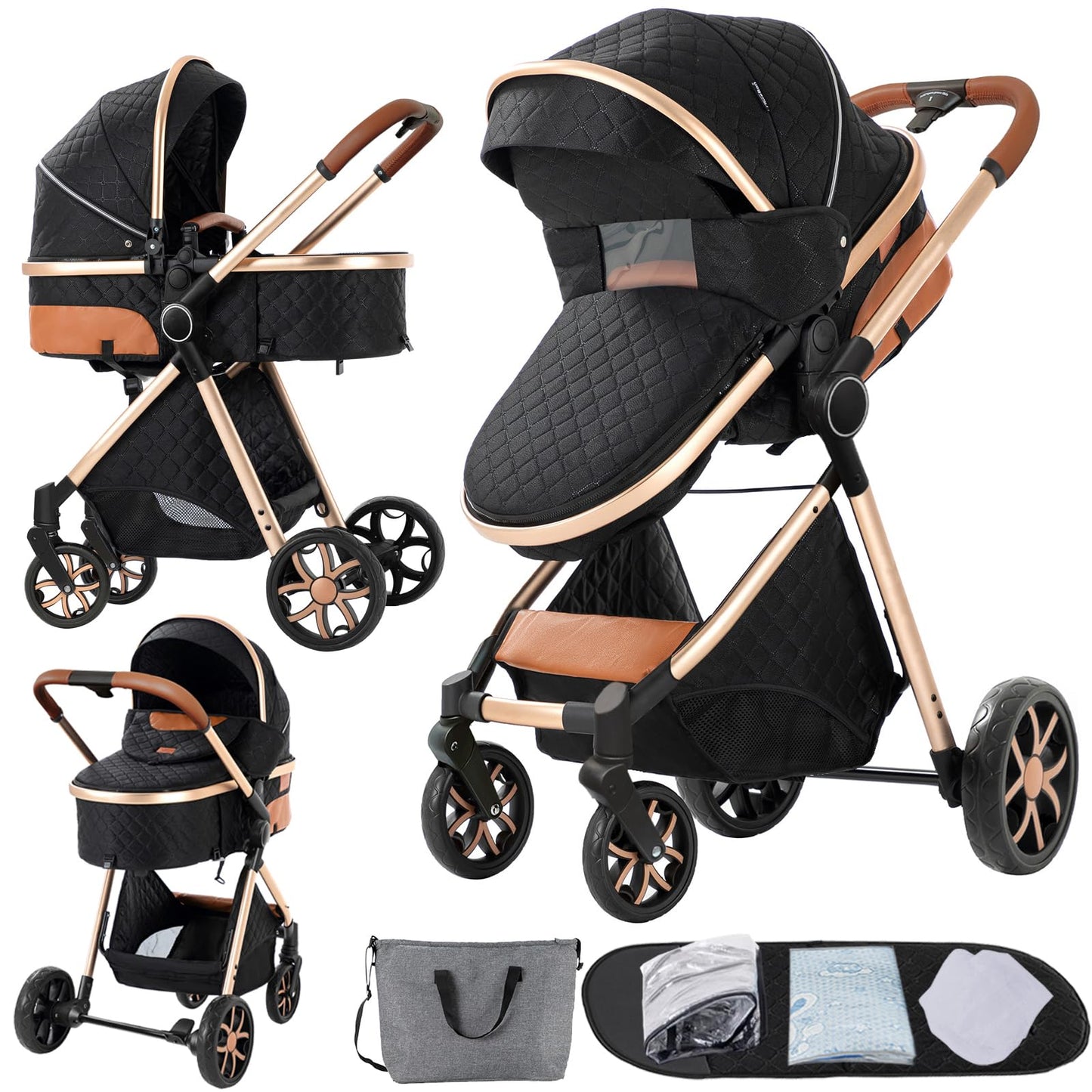 PU Leather 2 in 1 Baby Stroller, Convertible Foldable Standard Stroller, Reversible Pushchair Infant Carriage, Portable High Lan