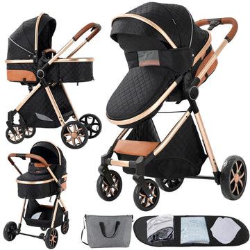 PU Leather 2 in 1 Baby Stroller, Convertible Foldable Standard Stroller, Reversible Pushchair Infant Carriage, Portable High Lan