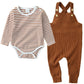 Yuemion Newborn Baby Boy Clothes,2Pcs Infant Boy Romper Bodysuit Fall Winter Stripe Outfits + Bib Overall Pants (12-18 Months)