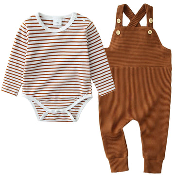 Yuemion Newborn Baby Boy Clothes,2Pcs Infant Boy Romper Bodysuit Fall Winter Stripe Outfits + Bib Overall Pants (12-18 Months)