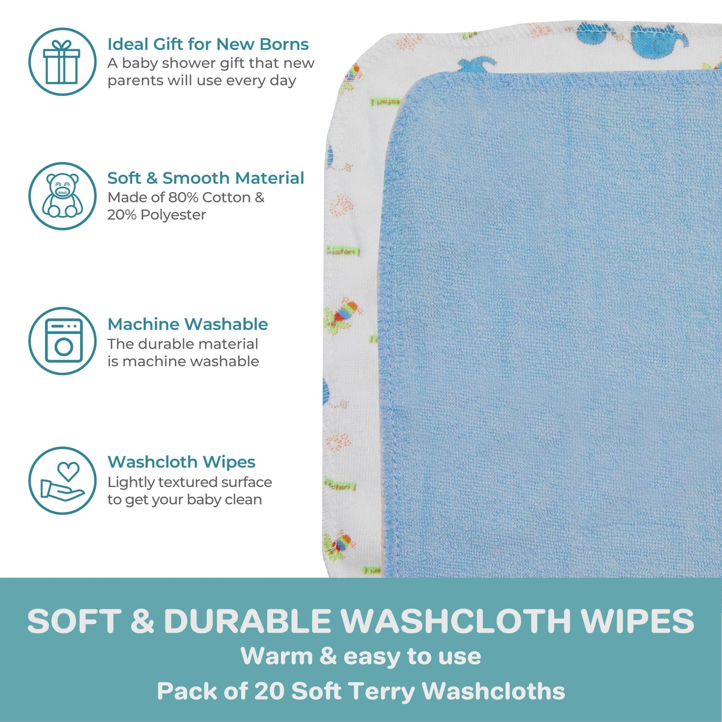 Spasilk Washcloth Wipes Set For Newborn Boys And Girls, Soft Terry Washcloth Set, Pack Of 20, Blue Elephant