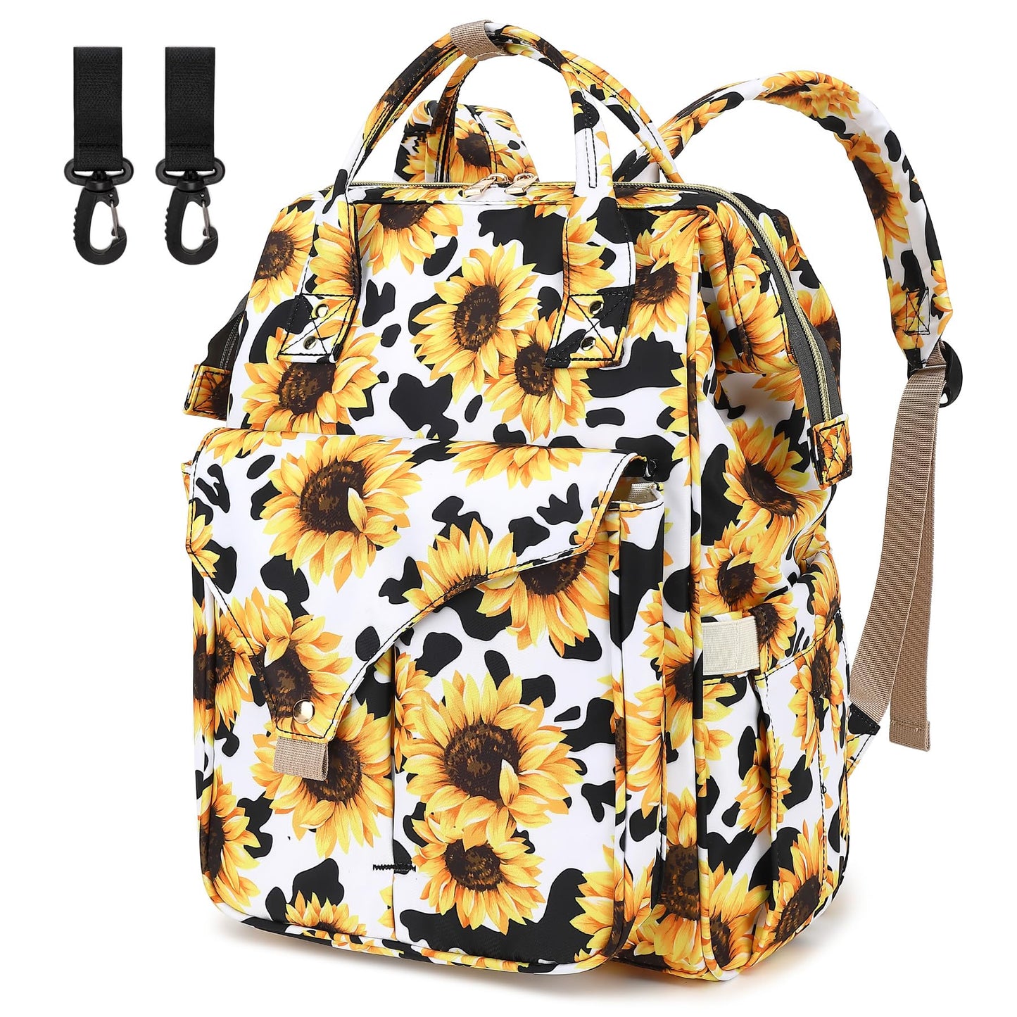 Cow Print Sunflower Diaper Bag Backpack for Baby Girls Boys, Large Capacity Multifunction Waterproof Maternity Mom Nappy Bags wi
