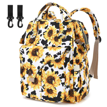 Cow Print Sunflower Diaper Bag Backpack for Baby Girls Boys, Large Capacity Multifunction Waterproof Maternity Mom Nappy Bags wi