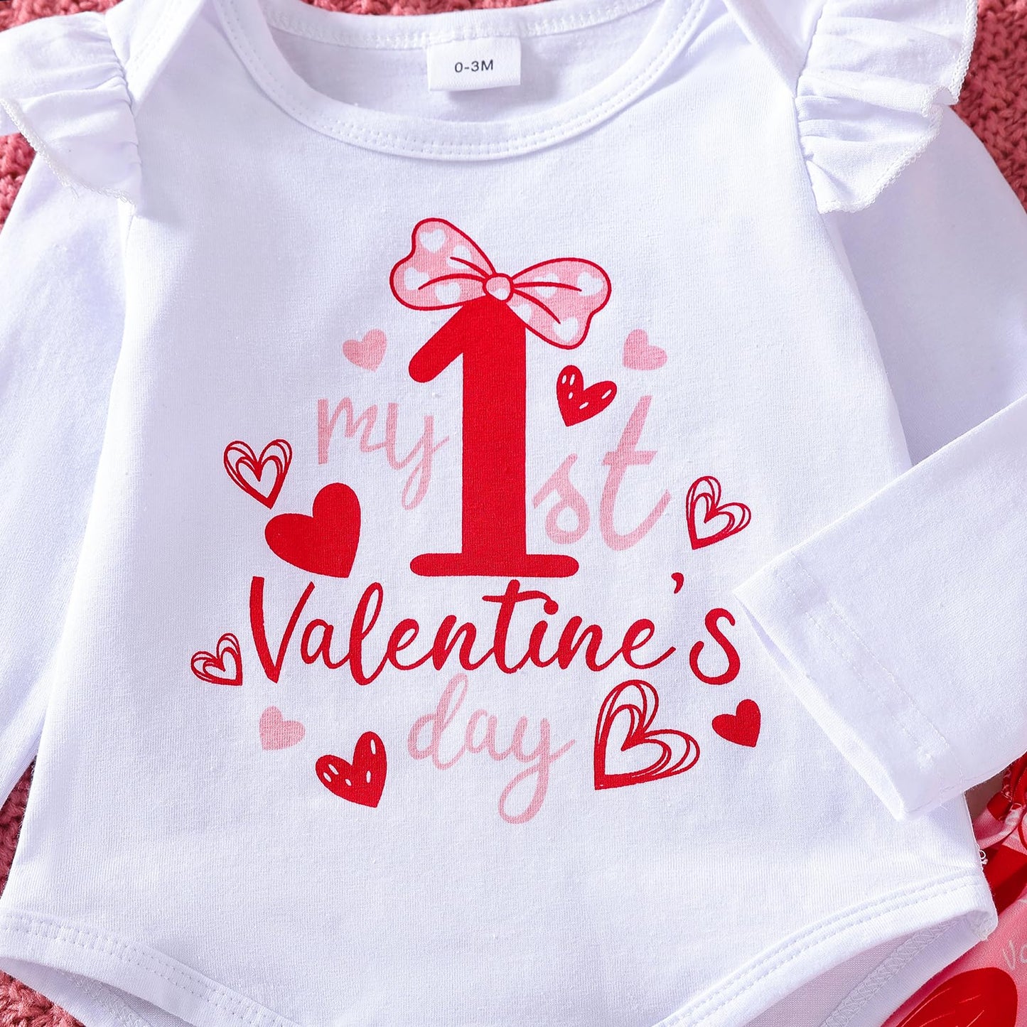 Wynato Newborn Infant Baby Girl My First Valentines Day Outfit Long Sleeve Onesie Romper Love Heart Print Pants And Headband (Pi