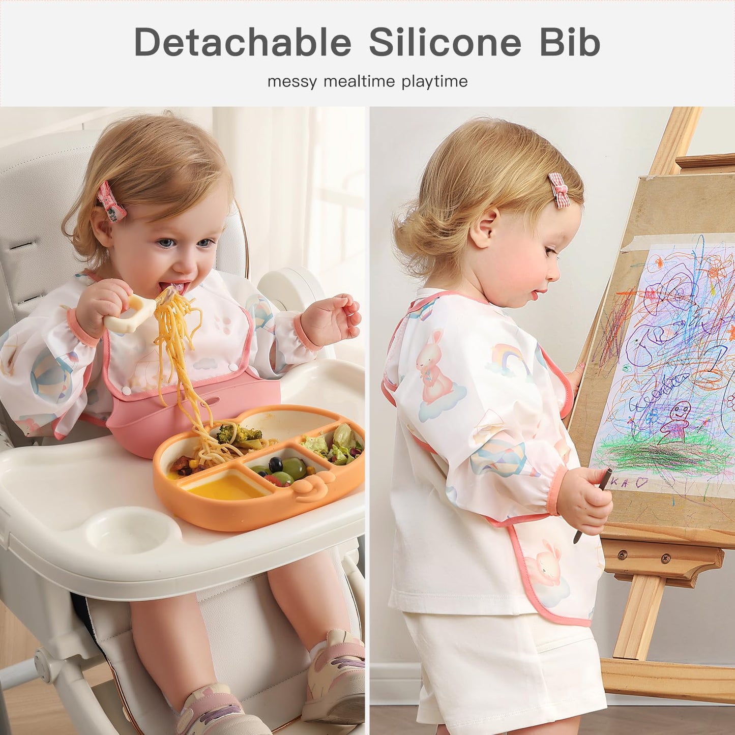 Usbettas Long Sleeve Bib With Silicone Catch Pocket, Waterproof Feeding Bibs For Toddlers, Machine Washable, Baby Smock Bib For
