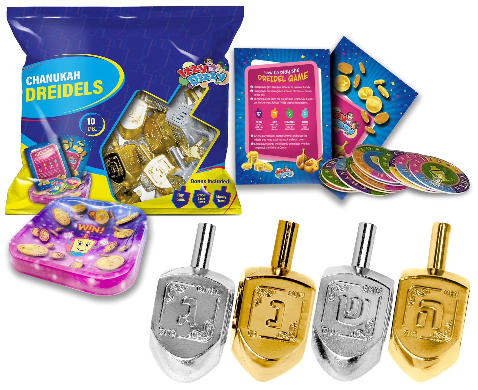 Hanukkah Dreidels - Metallic Gold And Silver Dreidel - 10 Pack Medium