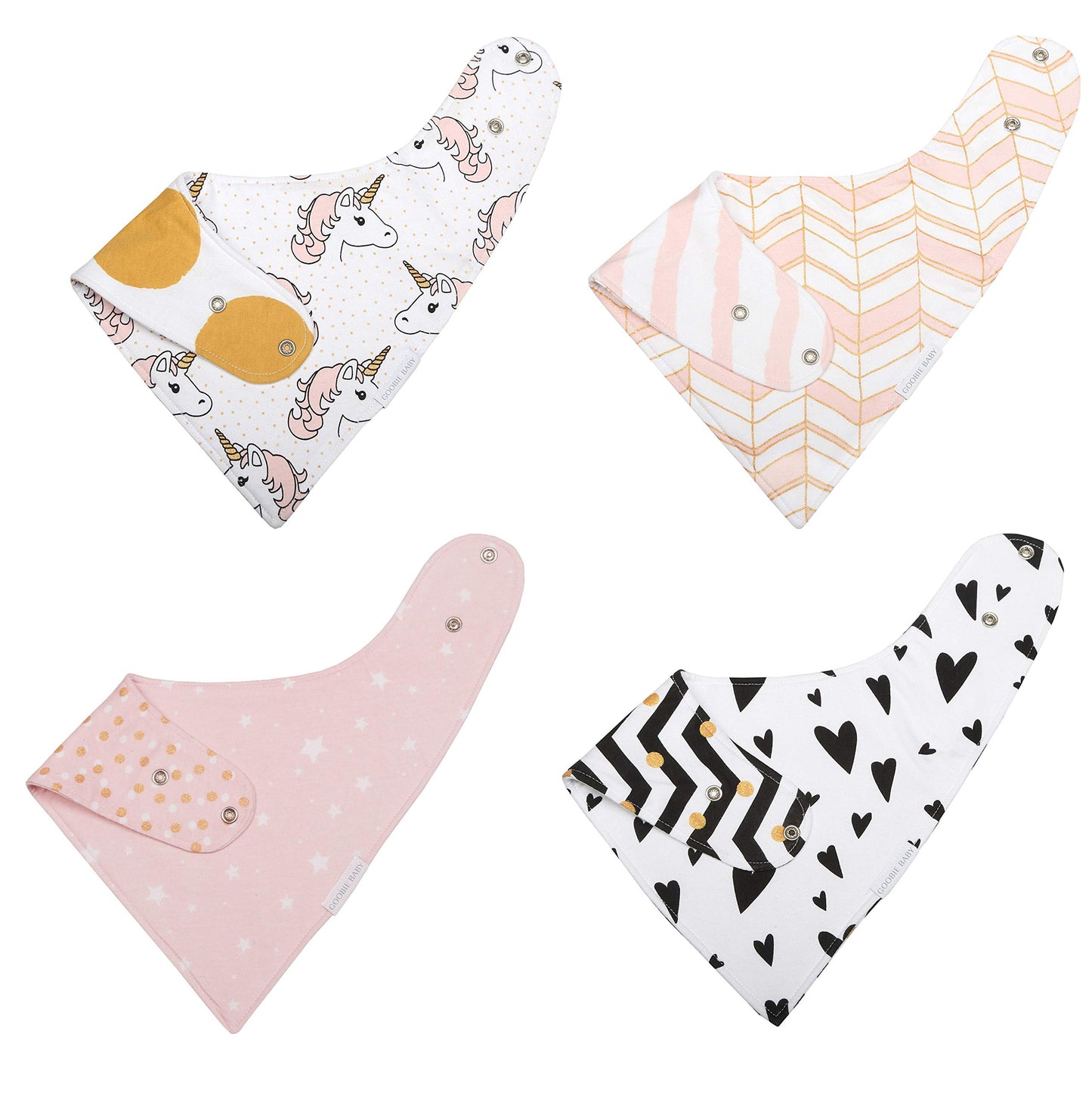 Reversible & Waterproof Cotton Baby Bandana Drool Bibs For Girls With Adjustable Snaps, Pack Of 4, Soft Absorbent Cute Modern Pr
