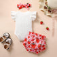 Tiny Cutey Baby Girl Clothes Infant Summer Outfits Set Ruffle Sleeve Romper And Floral Shorts With Headband (Strawberry Romper S