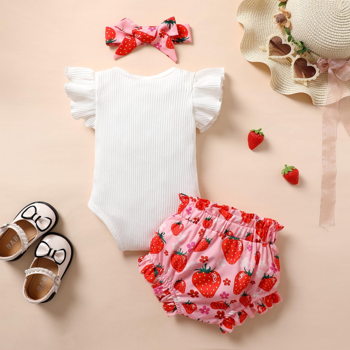Tiny Cutey Baby Girl Clothes Infant Summer Outfits Set Ruffle Sleeve Romper And Floral Shorts With Headband (Strawberry Romper S