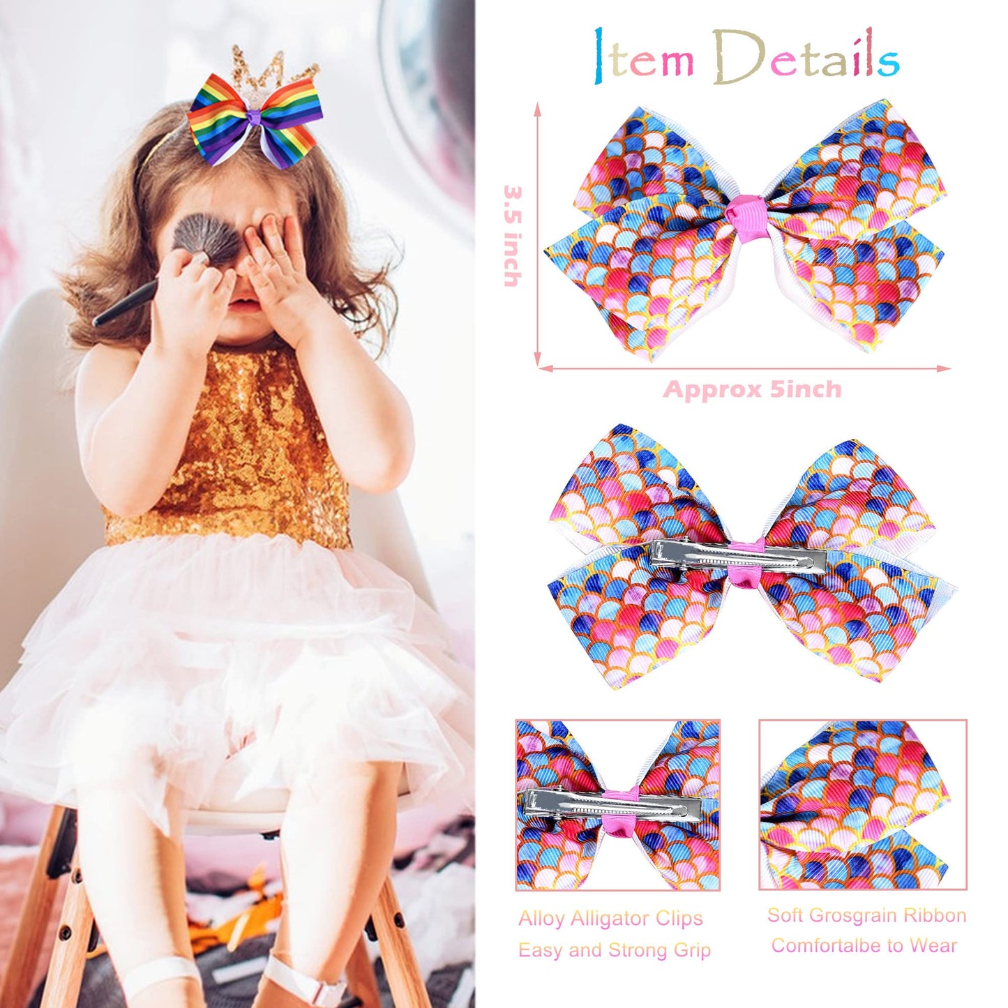 12 Pcs 5 Inch Hair Bows For Girls,Colorful Rainbow Heart Girls Hair Bows Grosgrain Ribbon Hair Bow With Alligator Clips For Todd