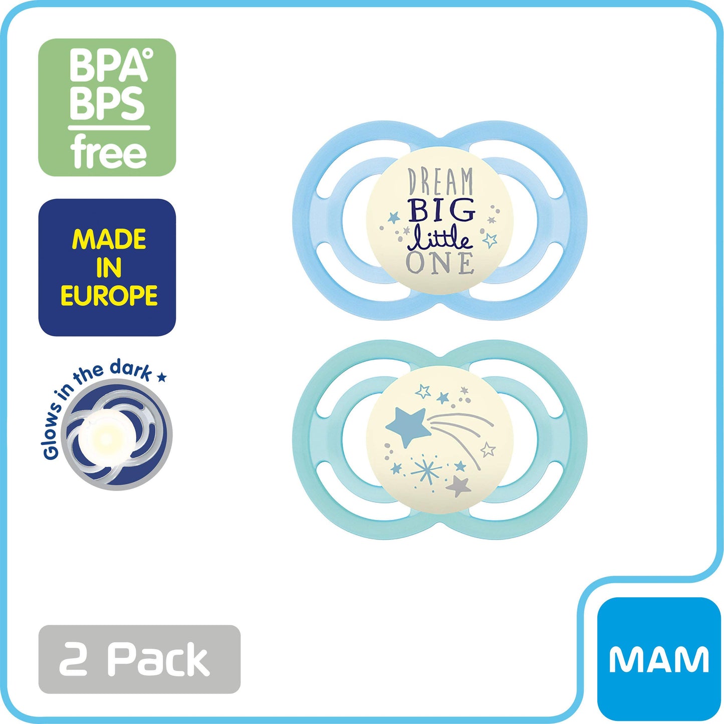 Mam Perfect Night Baby Pacifier, Patented Nipple, Glows In The Dark, 2 Pack, 6-16 Months, Boy (Design May Vary)