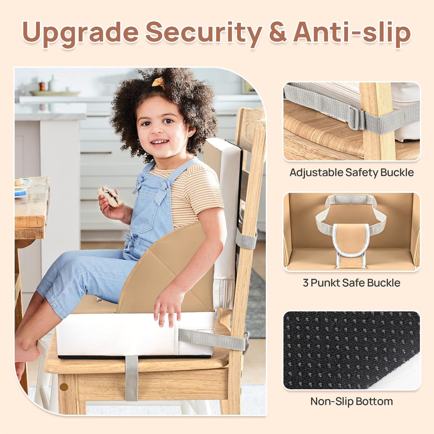 Portable Toddler Booster Seat For Dining Table, Anti-Scratch Cushion With Non-Slip Bottom, Adjustable Safety Straps, One-Second