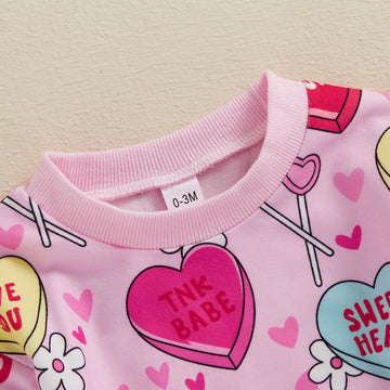 Lamuusaa Newborn Baby Girl Valentines Day Outfit Long Sleeve Heart Romper Bodysuit Oversized Sweatshirt Shirts 0-18M (Pink, 3-6