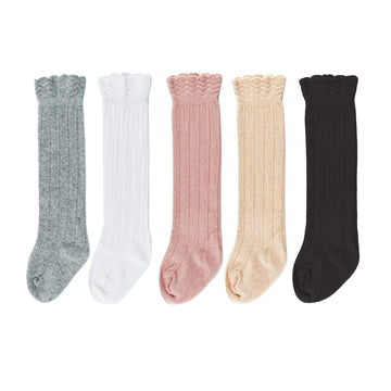 Bestjybt Baby Girls Boys Knee High Socks Cotton Newborn Infants Toddlers Cable Knit Tube Ruffled Stockings, 5 Pairs (Multicolor,