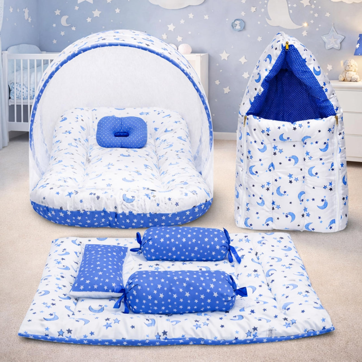Infantbond Combo of Baby Bed with Net | Sleeping Bag | 4 Pcs Bedding Set | 4 Waterproof Sheets(06 Months) (Full Set Moon Blue)