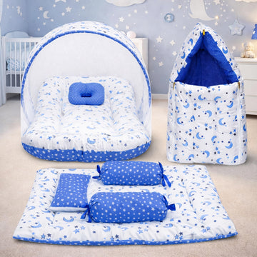 Infantbond Combo of Baby Bed with Net | Sleeping Bag | 4 Pcs Bedding Set | 4 Waterproof Sheets(06 Months) (Full Set Moon Blue)