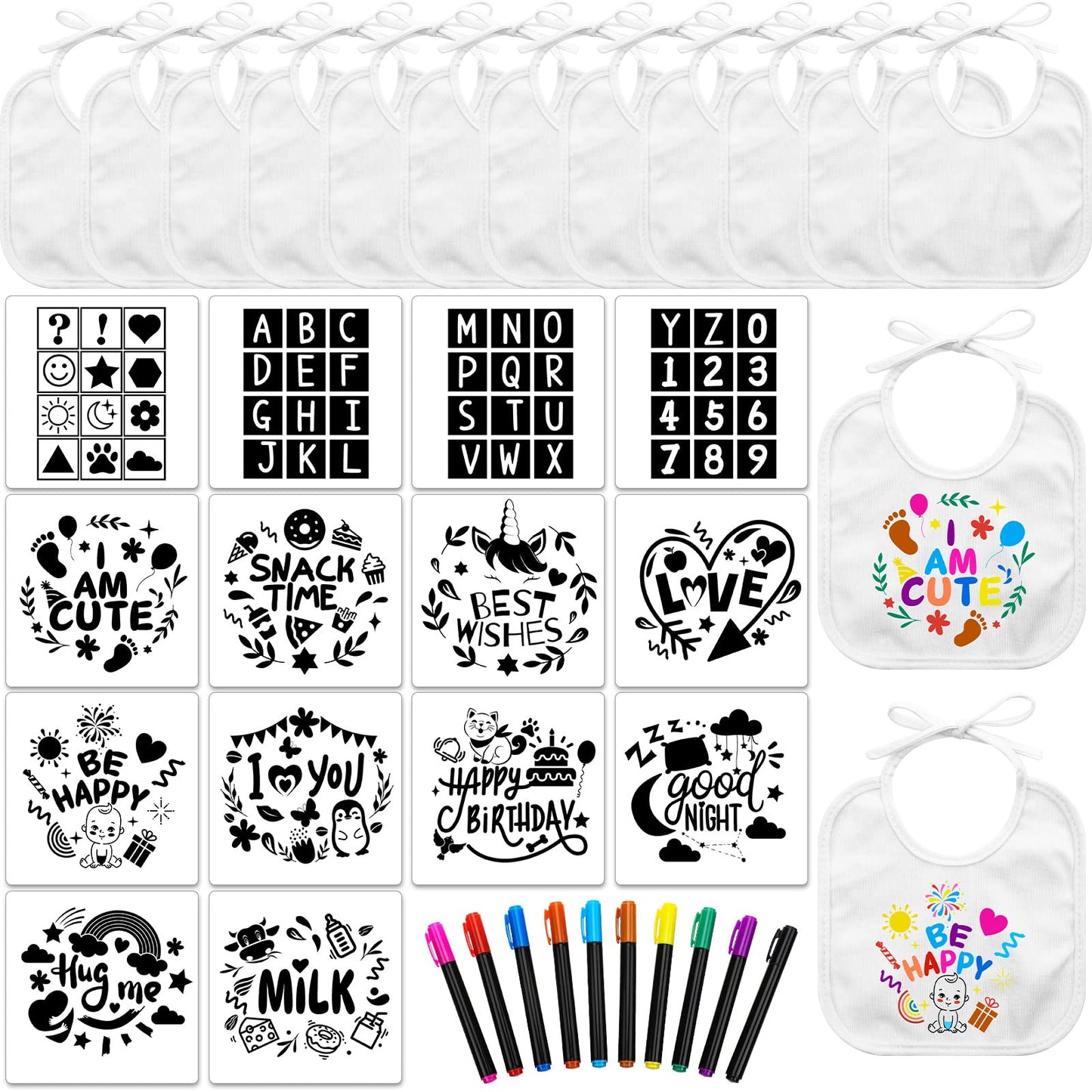 Jutom 38 Pcs DIY Baby Bibs Decorating Kit 14 Bibs 14 Stencils 10 Fabric Markers 2 Ply Feeder Bibs Design Bib for Shower Games(Wh