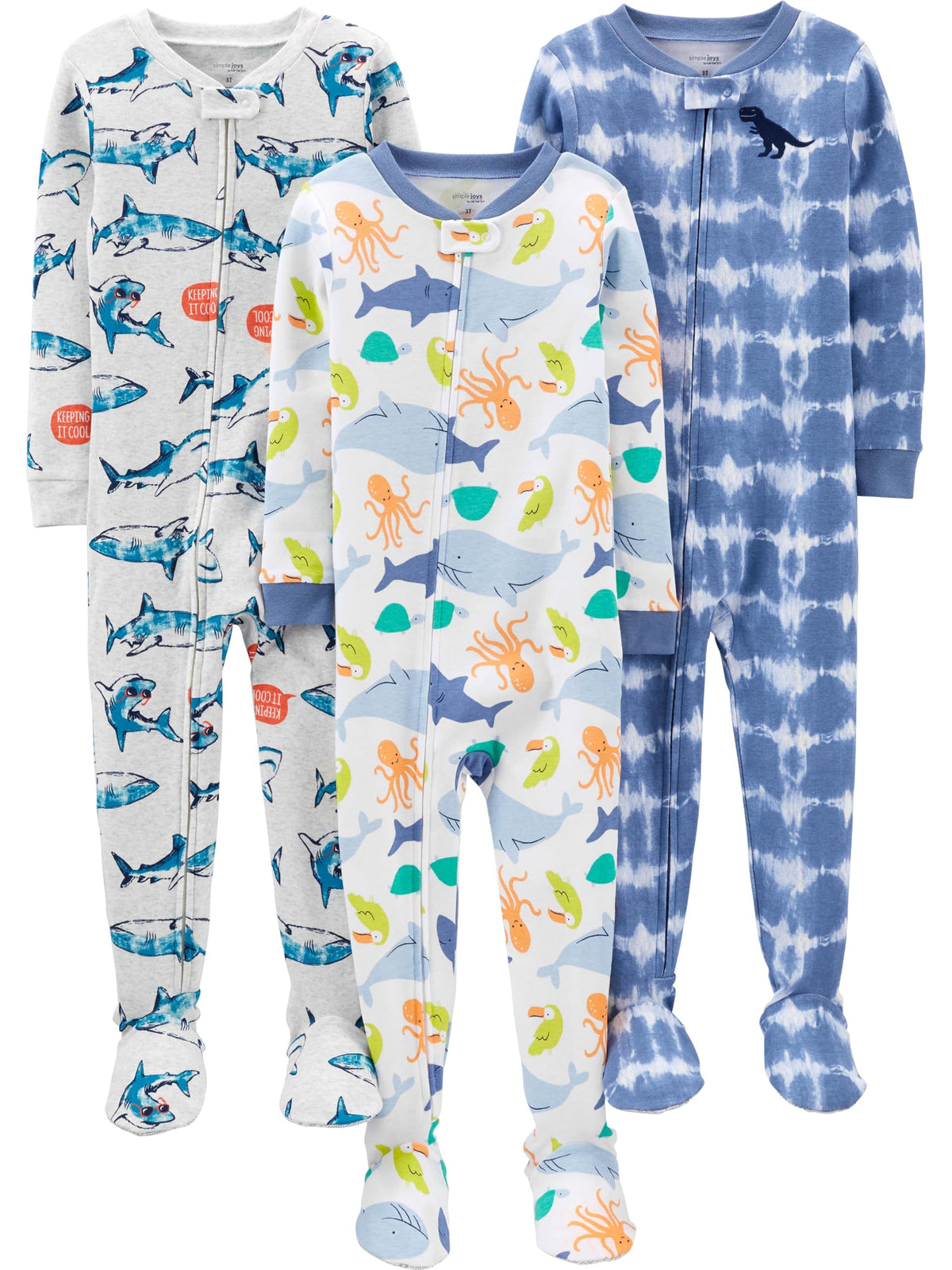 Simple Joys By Carter'S Baby Boys' 3-Pack Snug Fit Footed Cotton Pajamas, Sea Life/Shark/Tie Dye, 18 Months