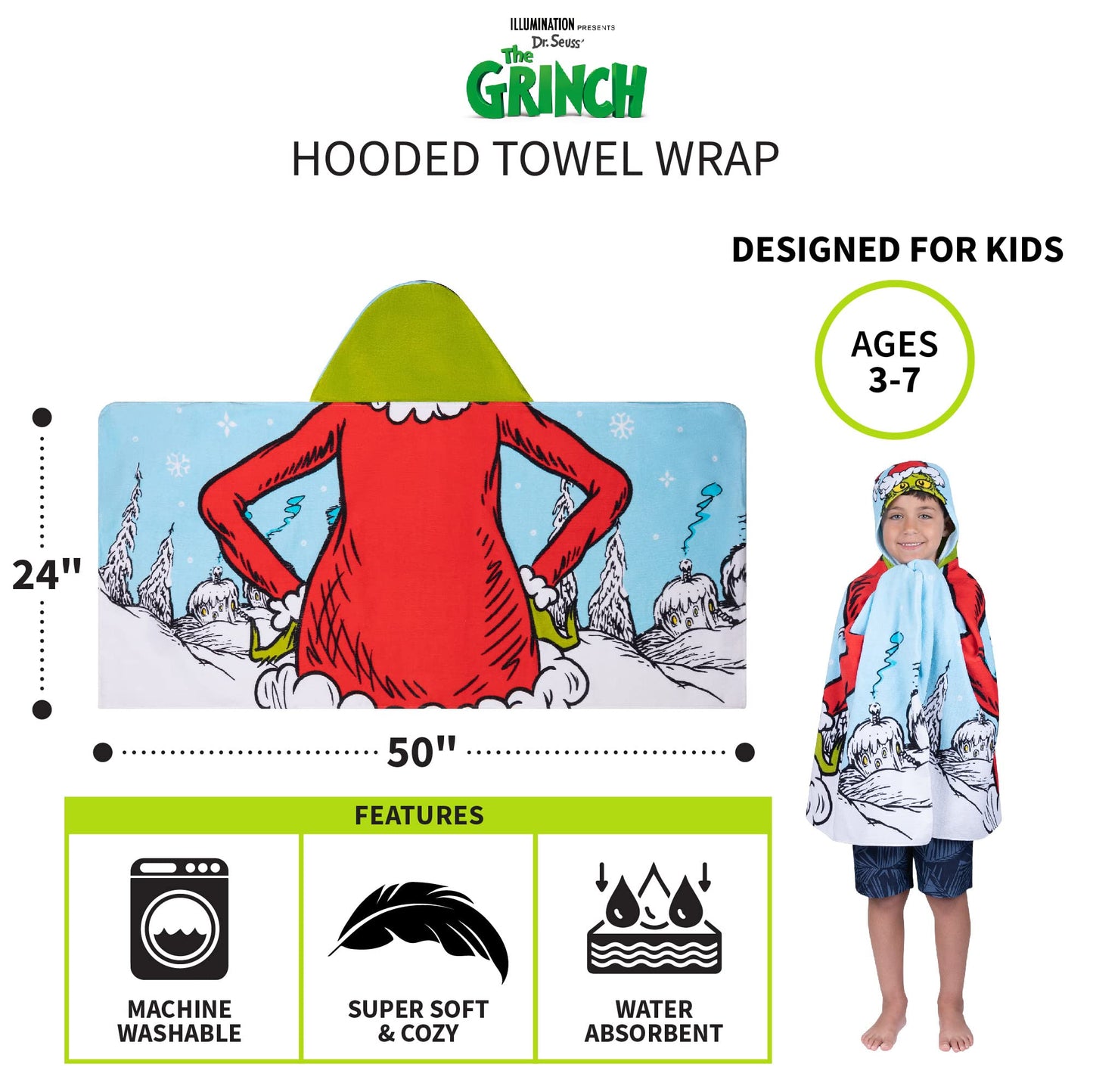 Franco Grinch By Dr. Seuss Holiday Kids Bath/Pool/Beach Soft Cotton Terry Hooded Towel Wrap, 24 In X 50 In,(Official Dr. Seuss P