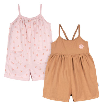 Gerber Baby Girls Toddler 2-Pack Sleeveless Romper Jumpsuit, Rust Floral, 12 Months