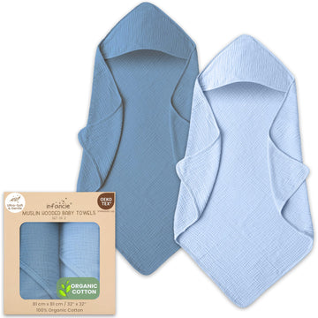 Infancie Organic Cotton Muslin Baby Hooded Towels - 32X32 Inch, 2 Pack Newborn Bath Towels For Boys & Girls, Soft & Absorbent Ba