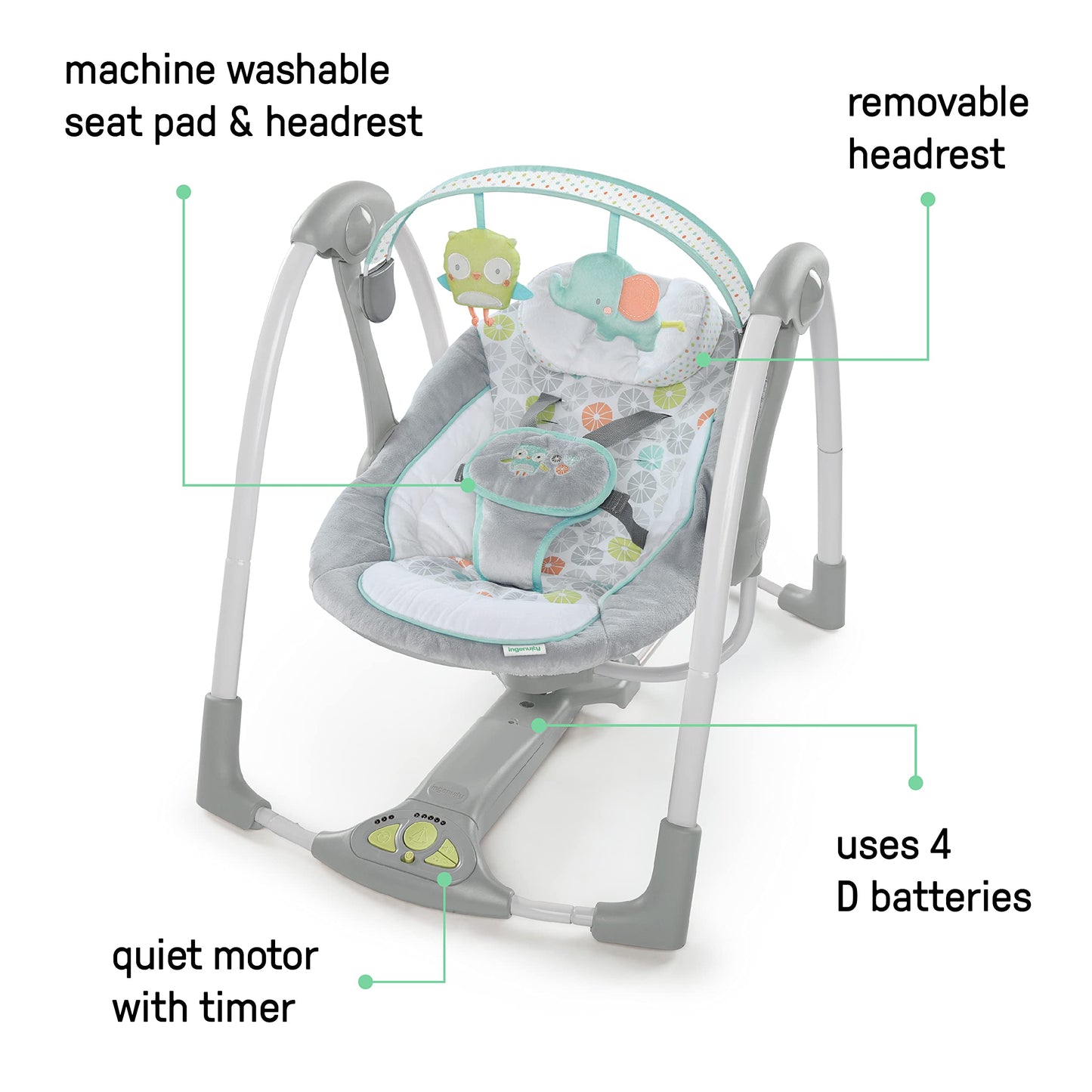 Ingenuity Swing 'N Go 5-Speed Baby Swing - Foldable, Portable, 2 Plush Toys & Sounds, 0-9 Months 6-20 Lbs (Hugs & Hoots)