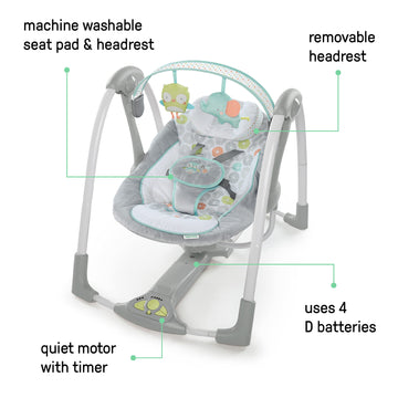 Ingenuity Swing 'N Go 5-Speed Baby Swing - Foldable, Portable, 2 Plush Toys & Sounds, 0-9 Months 6-20 Lbs (Hugs & Hoots)