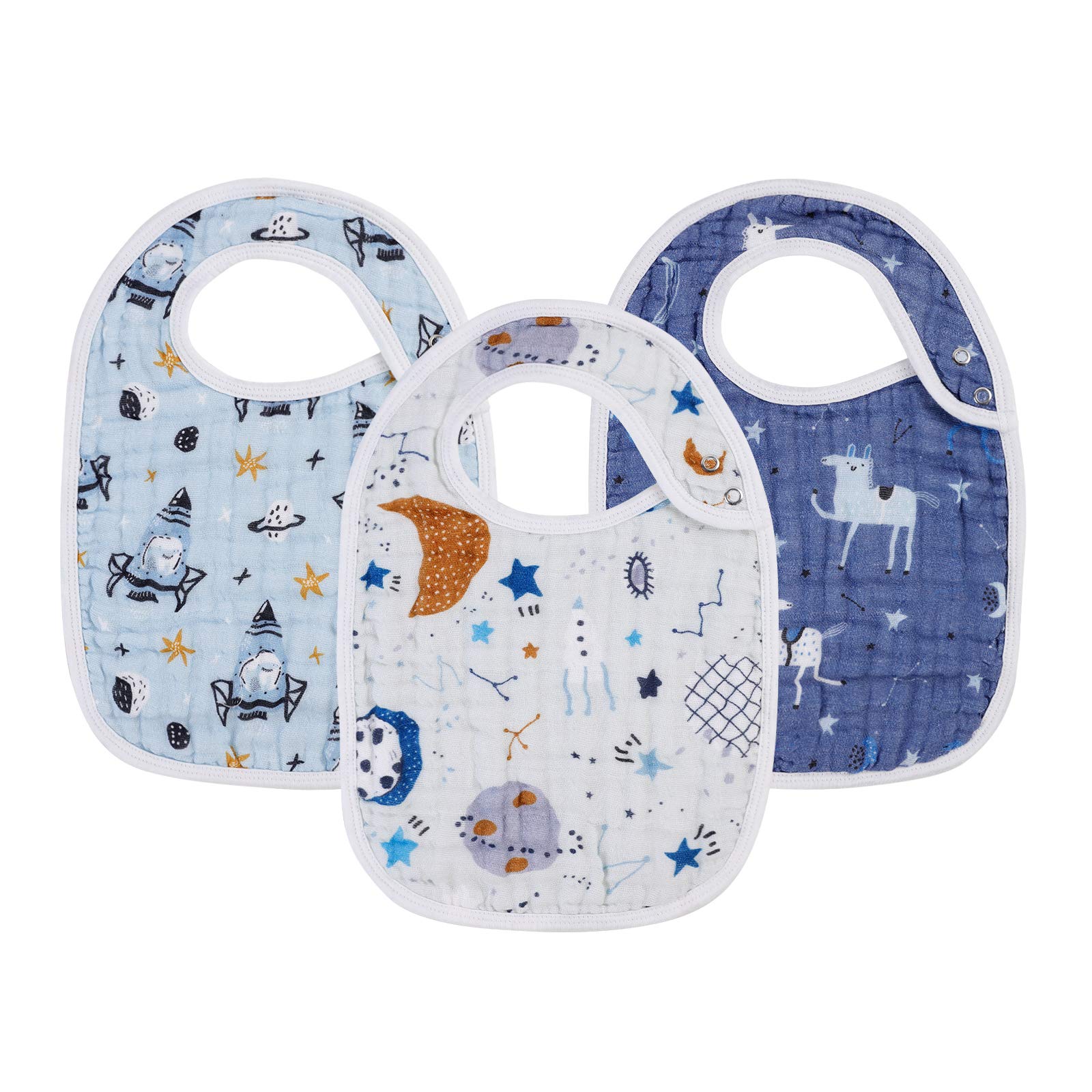 Snap Muslin Bibs For Baby Boys And Girls ,100% Cotton Baby Bibs With 3 Absorbent & Soft Layers, Baby Boy Bibs For Infants,Newbor