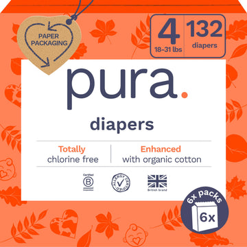 Pura Size 4 Eco-Friendly Diapers (18-31 Lbs) Hypoallergenic, Soft Organic Cotton, Sustainable, Up To 12 Hours Leak Protection, A
