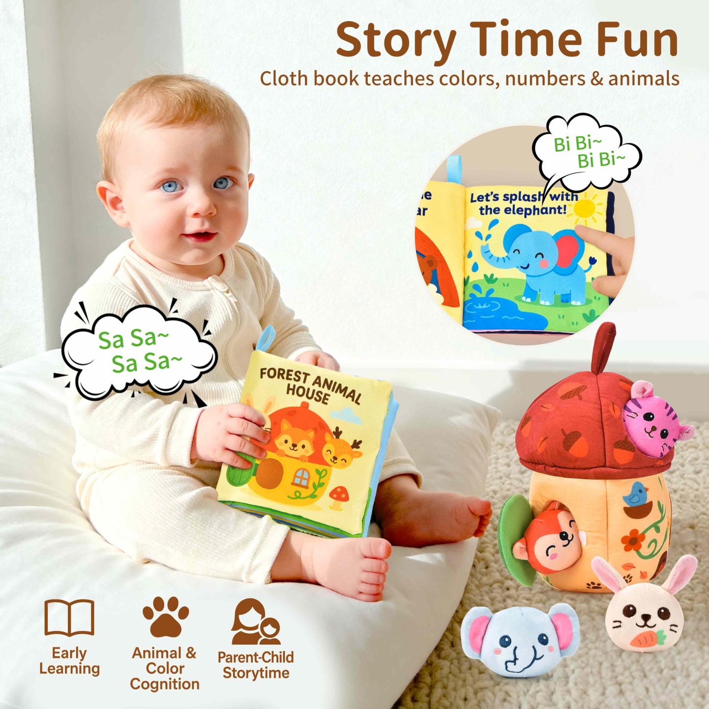 8-in-1 Montessori Toys for 1 Year Old & 6-12 Months Babies - Sensory Developmental Playset with Acorn House, Plush Animals & Clo