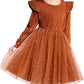 Arshiner Brown Dress Girls Velvet Tulle Tutu Fall Long Sleeve Casual Outfit Brown Sequin Size 6