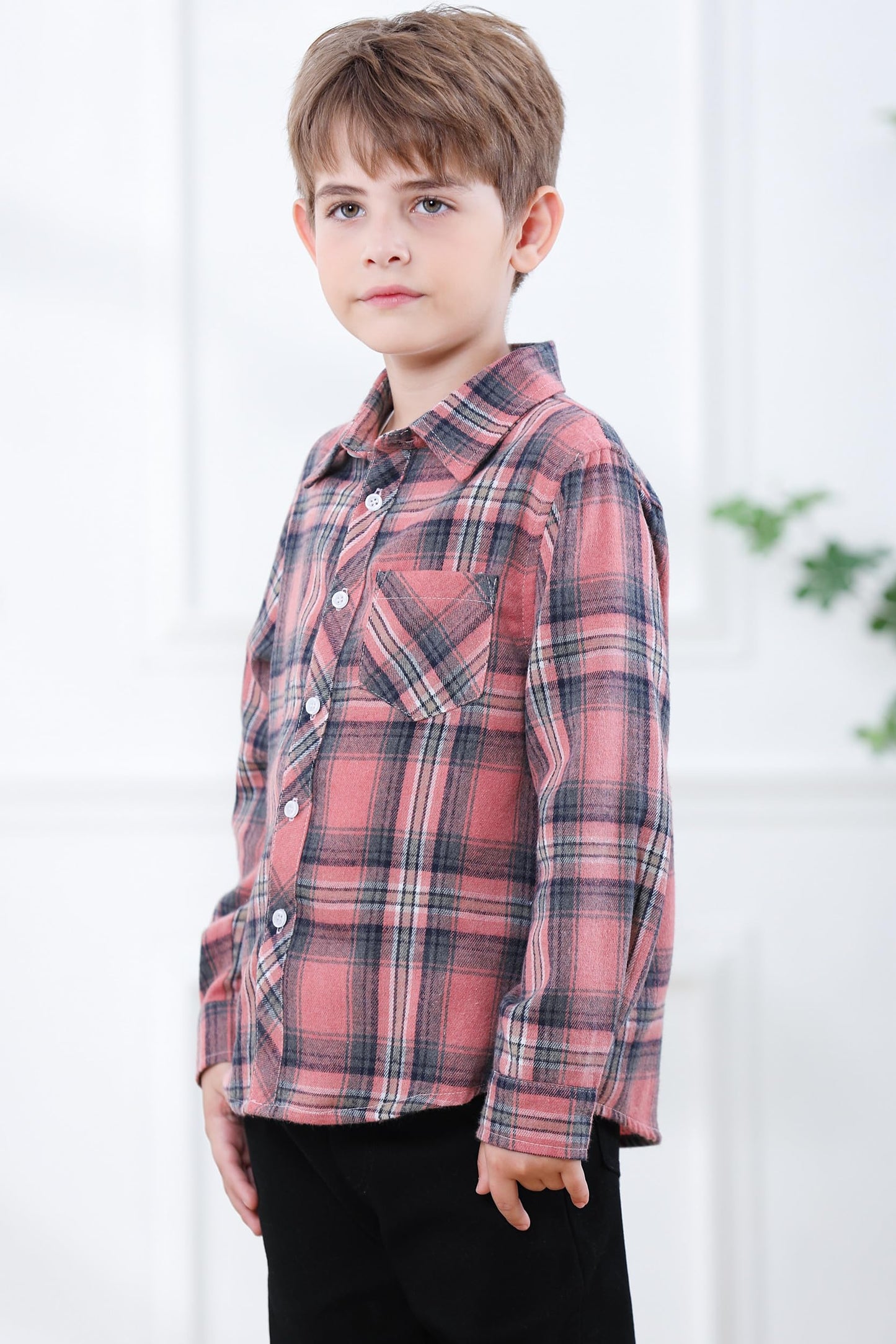 Sangtree Boys Long Sleeves Flannel Plaid Button Down Shirt Tops Pink Plaid, 12-18 Months = Tag 80