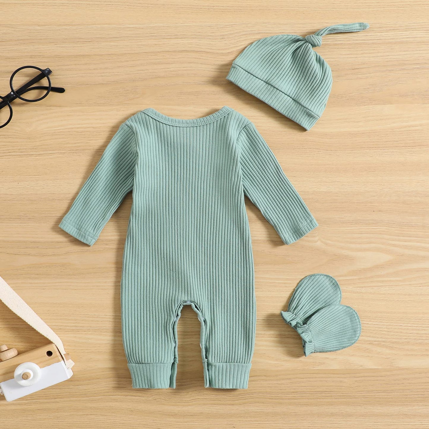 Grnshts Newborn Baby Boy Romper Coming Home Outfits Letter Print Knitted Jumpsuit+Hat+Gloves 3Pcs Clothes Set (Light Green, 1-3