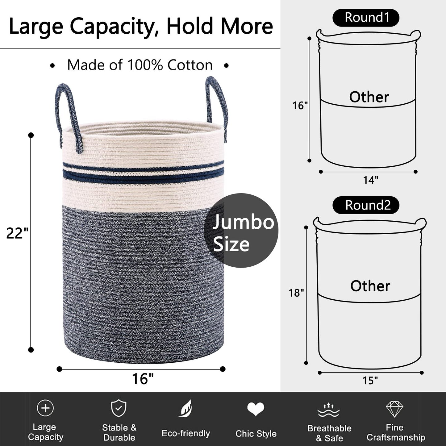 Youdenova Woven Rope Laundry Hamper Basket, 72L Tall Laundry Basket, Baby Nursery Hamper For Blanket Storage, Clothes Hamper For