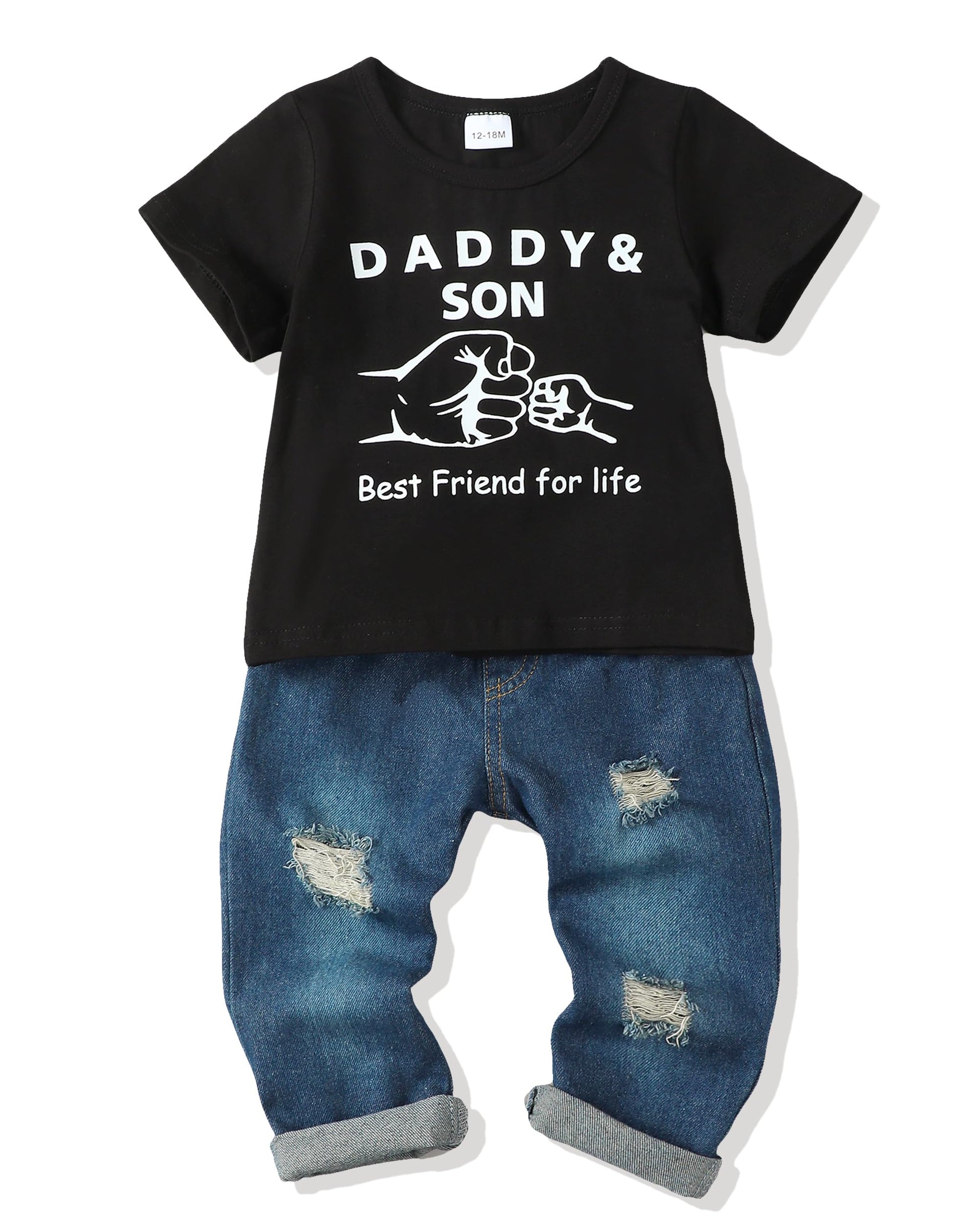 Renotemy 18-24 Months Toddler Boy Outfits - Black T-shirt & Denim Ripped Pants Set