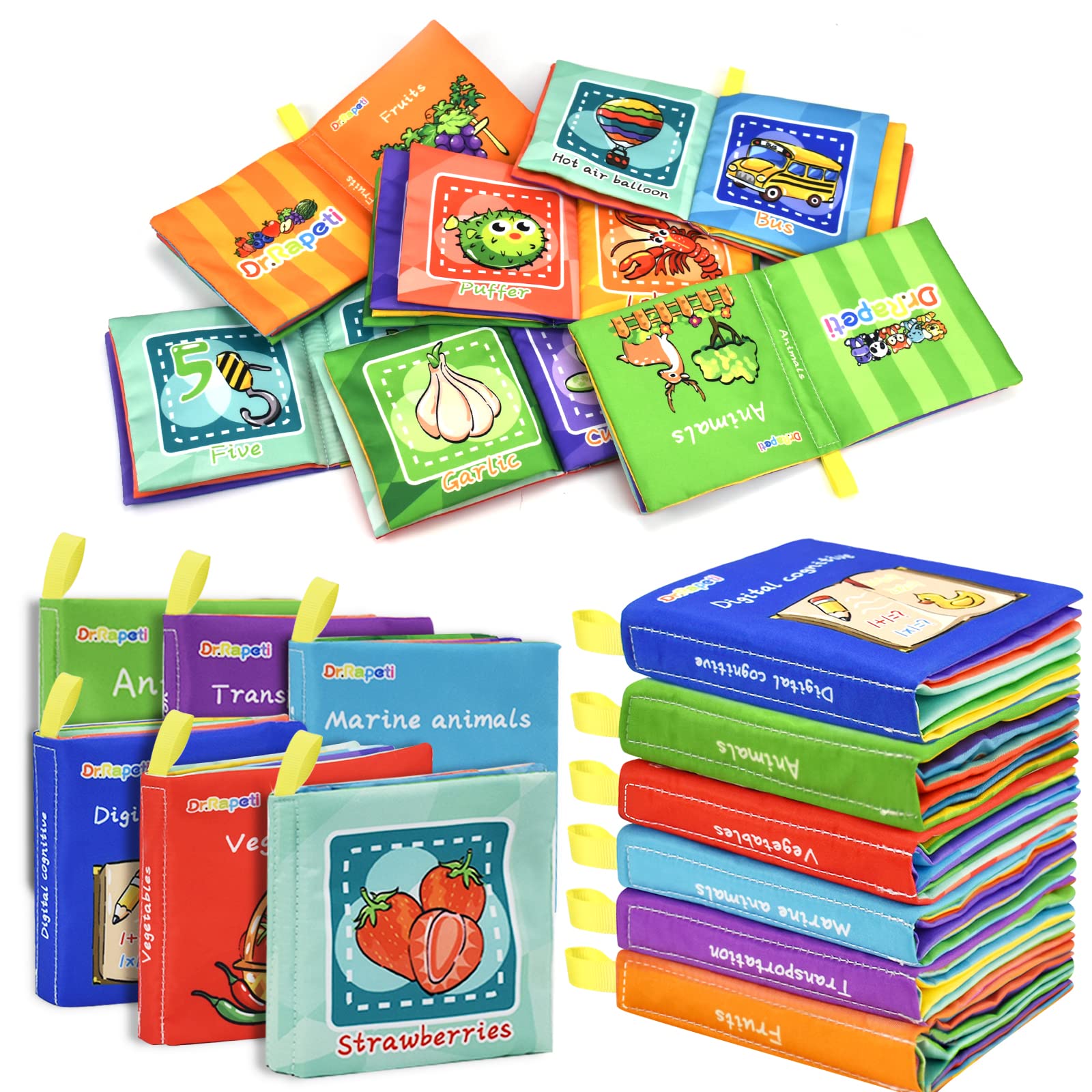 Dr.Rapeti Soft Cloth Book For Baby Infant Toddler Kids 6-Pack Crinkle Squeaky Washable Non-Toxic Early Educational Baby Book Bat
