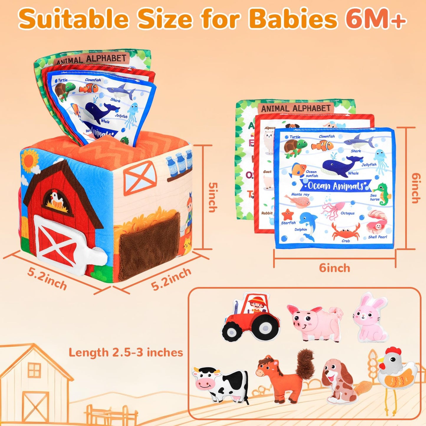 MPQMPQ Baby Tissue Box Toy Farm Crink Plush,Whats Inside Box Montessori Toys with Rattle,Crinkle,Mirror for Babies 6 9 12 18 Mon