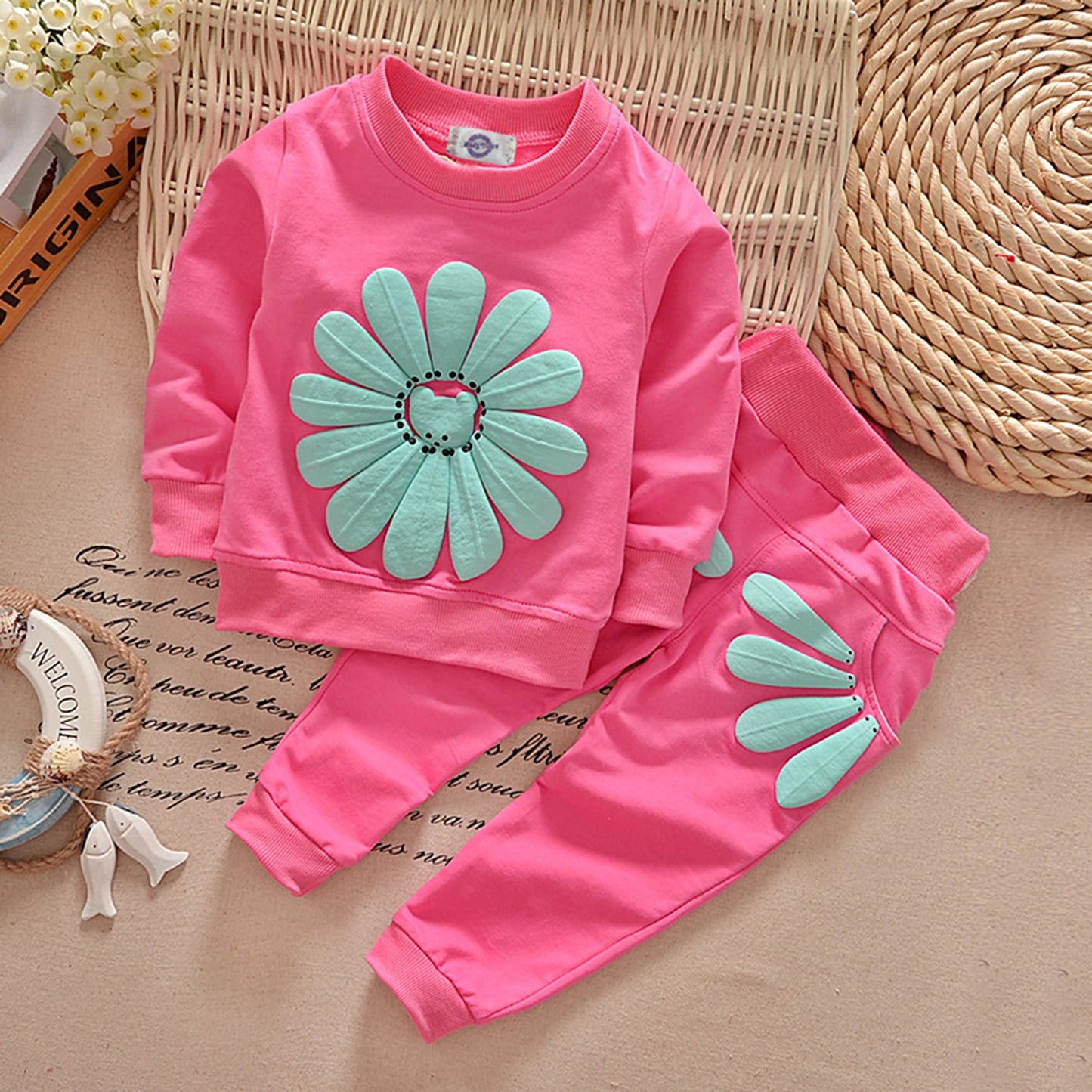Toddler Baby Girls Sunflower Clothes Set Long Sleeve Top And Pants 2Pcs Outfits Fall Clothes (Rose Red,Age 2T)
