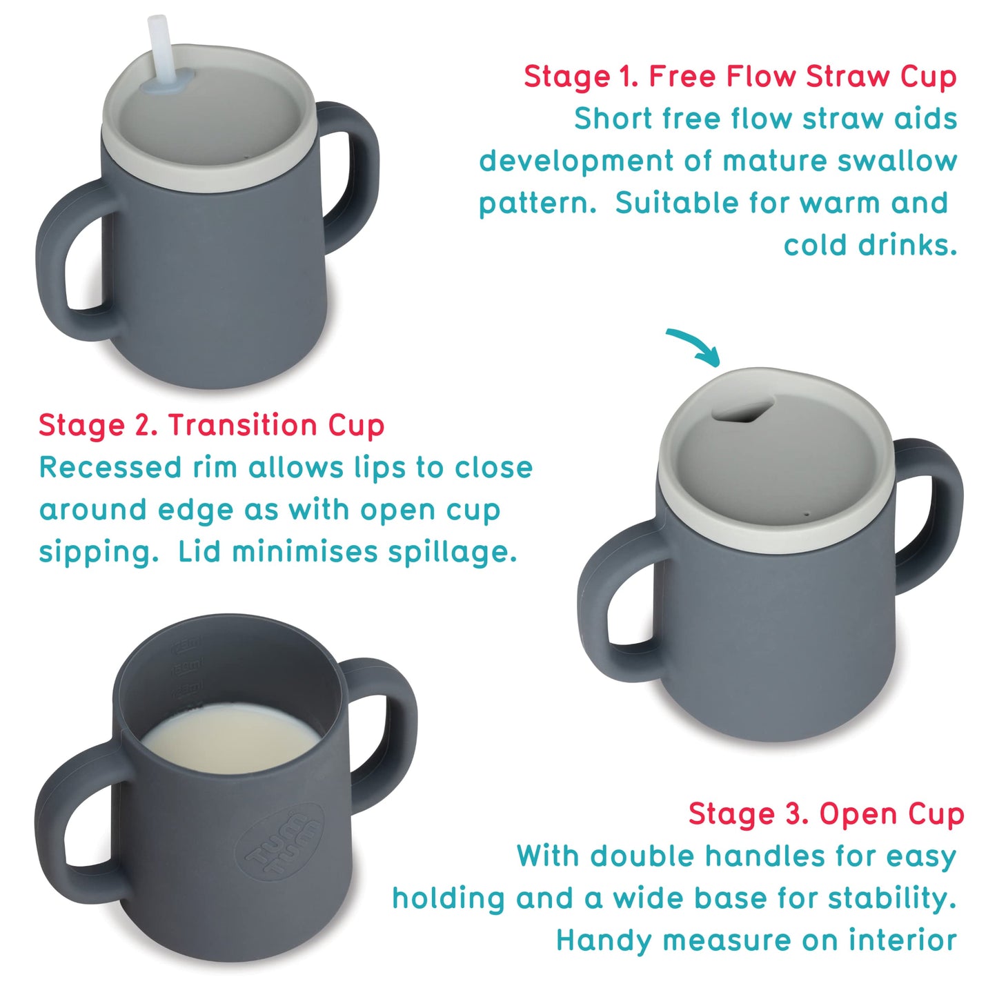 Tum Tum 3 Way Baby Trainer Cup, Designed With Feeding Specialist, 180Ml (Grey)