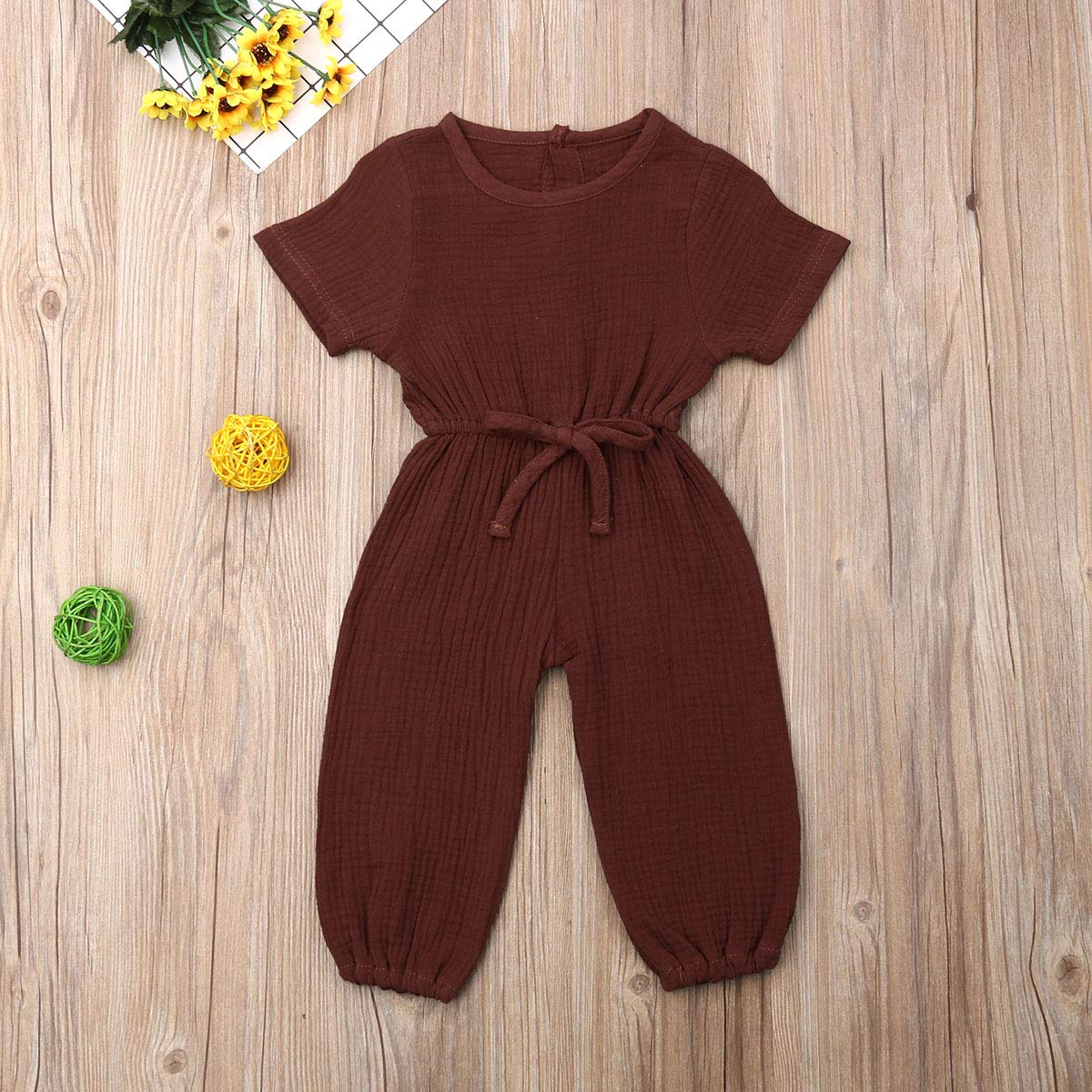 Mubineo Toddler Baby Girl Summer Fall Basic Plain Short Sleeve Cotton Linen Drawstring Romper Jumpsuit (Coffee, 12-18 Months)