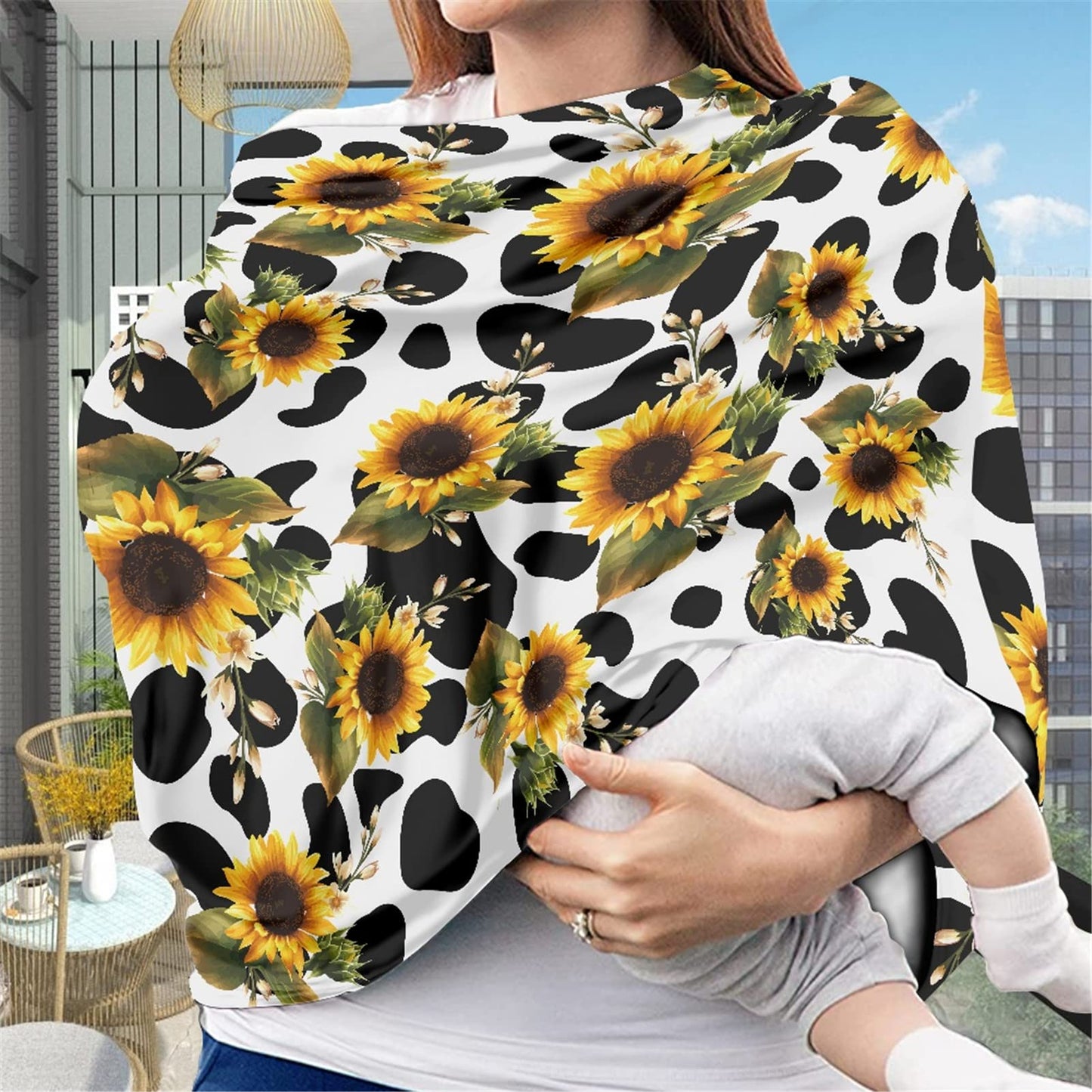 Ledback Novelty Cow Sunflower Print Stretchy Car Seat Cover For Babies,Nursing Cover Breastfeeding Cover,Soft Breathable Baby Ca