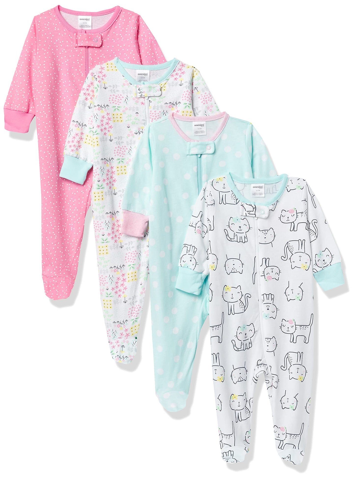 Onesies Brand Baby Girls 4-Pack 'N Play Footies Multi And Toddler Sleepers, Cats, 6-9 Months Us