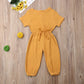 Toddler Baby Girl Summer Fall Basic Plain Short Sleeve Cotton Linen Drawstring Romper Jumpsuit (Mustard Yellow, 6-12 Months)